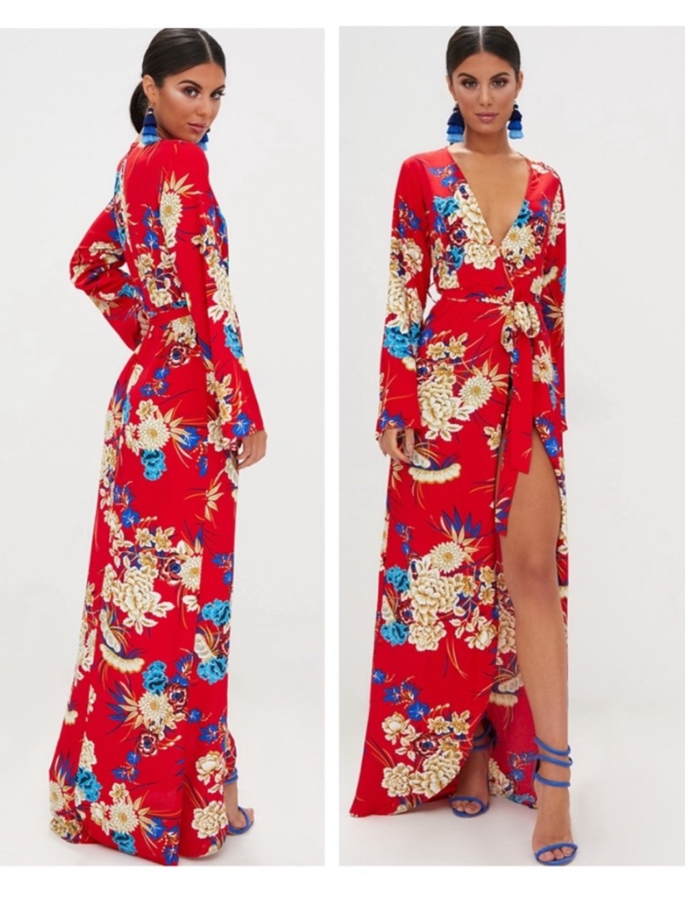 Prettylittlething Red floral kimono maxi dress Wrap Long Sleeve Size 6